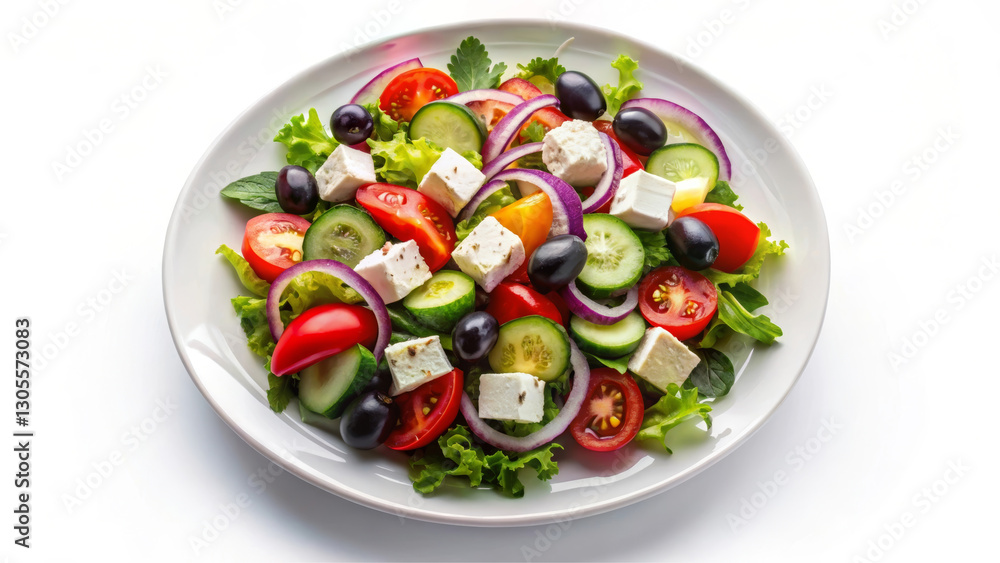 Fresh Greek salad with diced cucumbers, cherry tomatoes, red onion, Kalamata olives, feta cheese cubes, drizzled with olive oil, sprinkled with dried oregano. Clean vibrant perfect for commercial look Fresh Greek salad with diced cucumbers, cherry tomatoes, red onion, Kalamata olives, feta cheese cubes, drizzled with olive oil, sprinkled with dried oregano. Clean vibrant perfect for commercial look