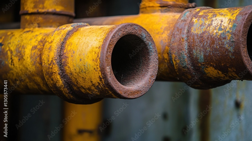 Close up of rusting yellow and brown industrial pipes Close up of rusting yellow and brown industrial pipes