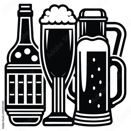 black beer bottles, glasses, mugs clip art preview