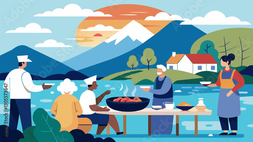The serene sounds of flowing water provide a tranquil ambiance for a gourmet cooking club meeting at a beautiful lakeside retreat for seniors where they learn to prepare delicate. Vector illustration