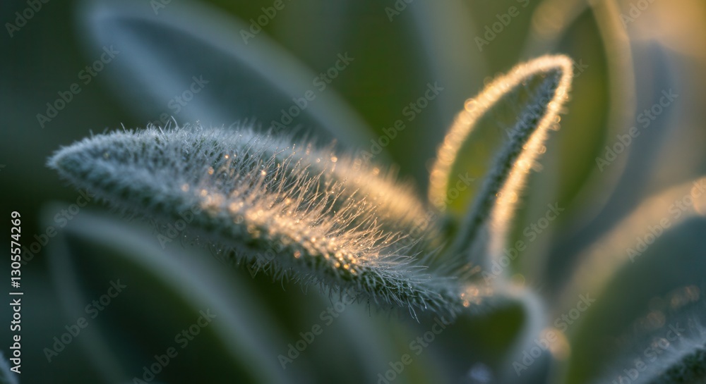 Close Up of Fuzzy Plant Leaf with Morning Dew and Sunlight Close Up of Fuzzy Plant Leaf with Morning Dew and Sunlight