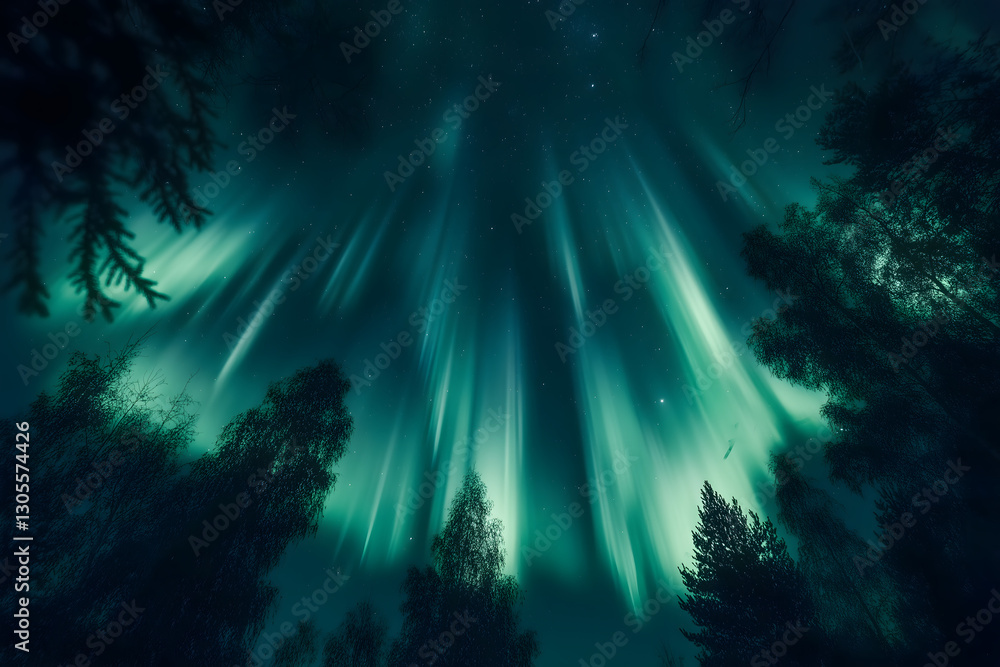 Obraz premium A stunning view of the Aurora Borealis painting the night sky with vibrant green and blue streaks, illuminating a dense forest