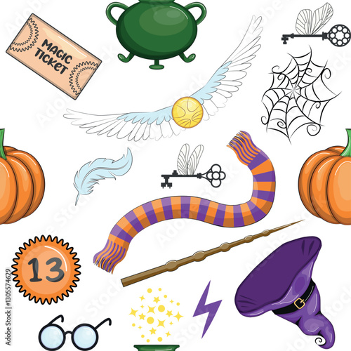 Magic items seamless pattern in cartoon bright style. Witchcraft and sorcery, Esotericism and mysticism, occultism
