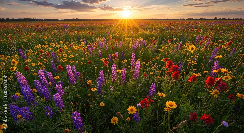 Obraz premium Vibrant wildflower field under a stunning golden sunset with blooming purple, red, and yellow flowers swaying gently in the warm breeze