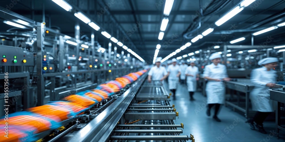 Fototapeta premium Factory workers manage a bustling production line in a large industrial facility during the daytime