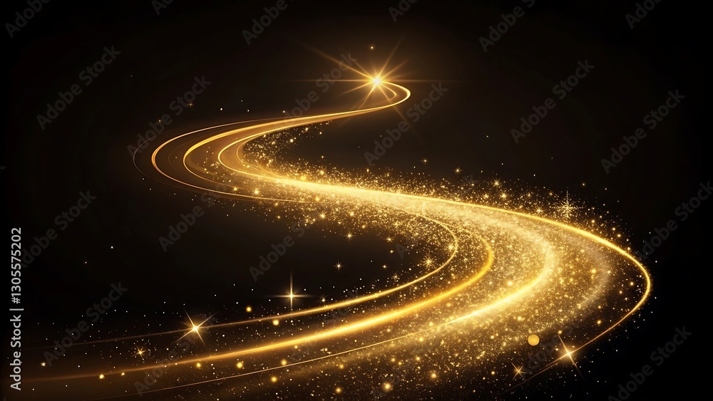 Fototapeta premium Glowing golden road leading into the horizon, abstract futuristic path with light trails, motion and speed.