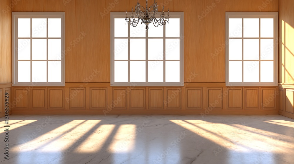 Empty architectural space, light wooden walling, windows, and a marble floor Empty architectural space, light wooden walling, windows, and a marble floor