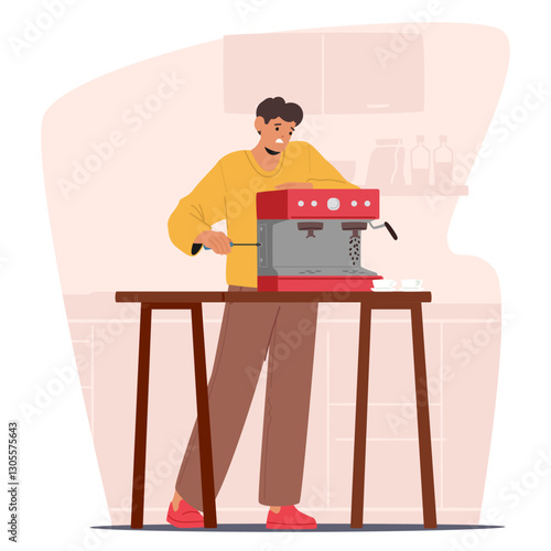 Frustrated man fixing broken automated coffeemaker machine kitchen home appliance with screwdriver