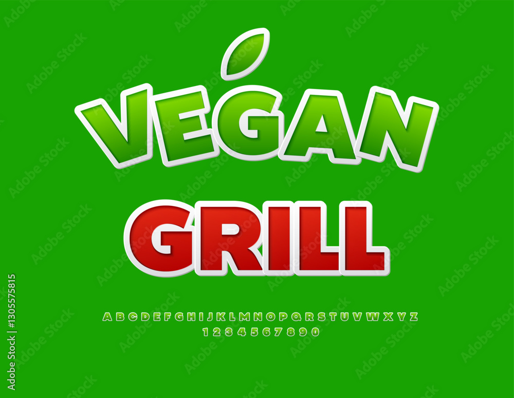 Vector Ecologic label Vegan Grill. Classic Green Font. Digital Sticker style Alphabet Letters and Numbers set. Vector Ecologic label Vegan Grill. Classic Green Font. Digital Sticker style Alphabet Letters and Numbers set.