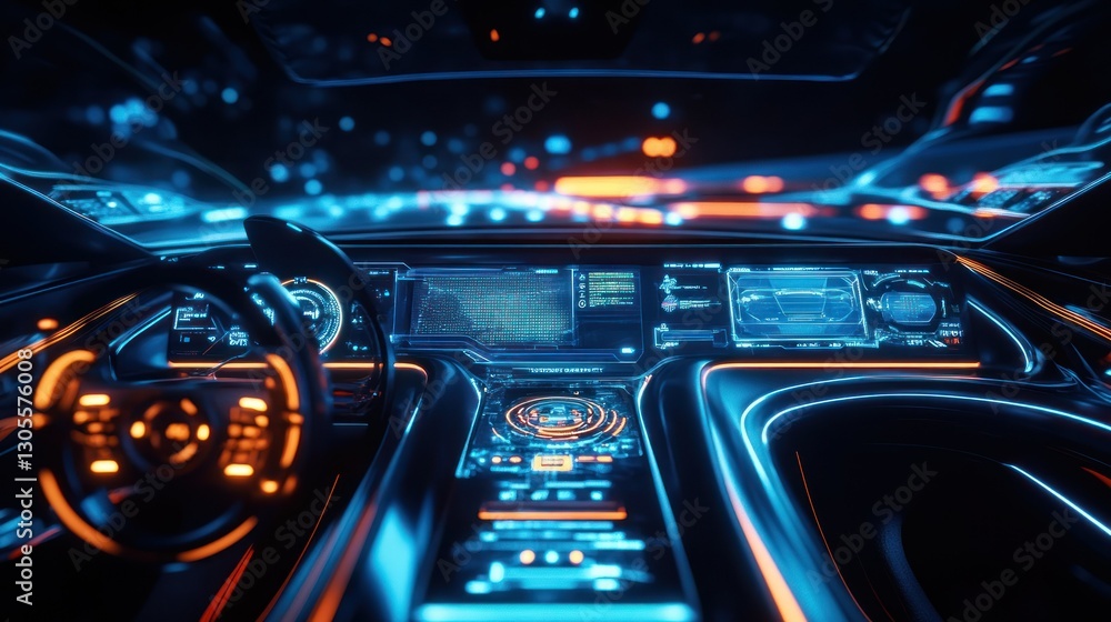 A futuristic car dashboard showing technology and lights moving through the night A futuristic car dashboard showing technology and lights moving through the night