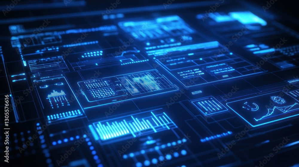 Futuristic digital interface showcasing data processing and analysis in blue Futuristic digital interface showcasing data processing and analysis in blue