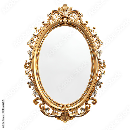 Golden oval Baroque mirror, front view, transparent background 