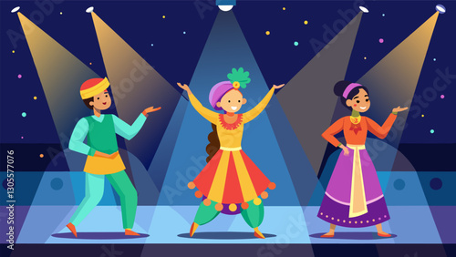 The stage lights shimmered as a group of students put on a dazzling Bollywoodinspired dance performance complete with colorful costumes and energetic choreography.. Vector illustration