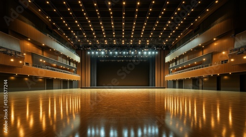 Concert Hall with Dynamic Lighting and Reflections on Shiny Floor