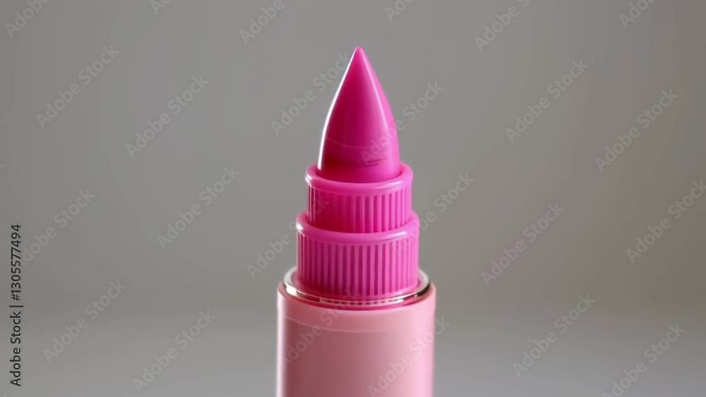 Pink lipstick with a pointed tip rotates slowly, showcasing its glossy texture and ridged detailing against a neutral gray background. Pink lipstick with a pointed tip rotates slowly, showcasing its glossy texture and ridged detailing against a neutral gray background.
