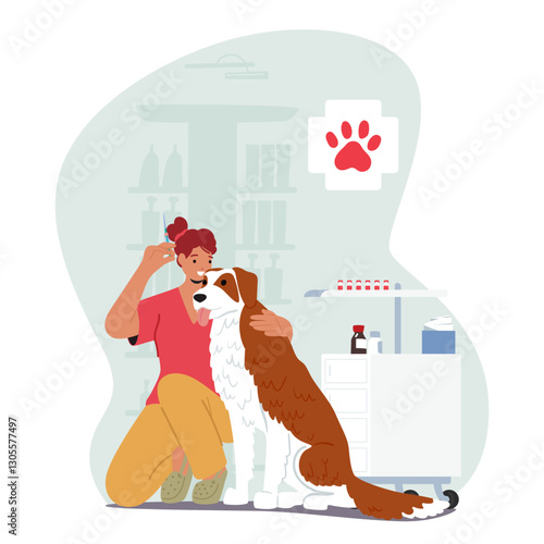 Vet doctor hugging dog preparing vaccine for injection to provide professional healthcare service