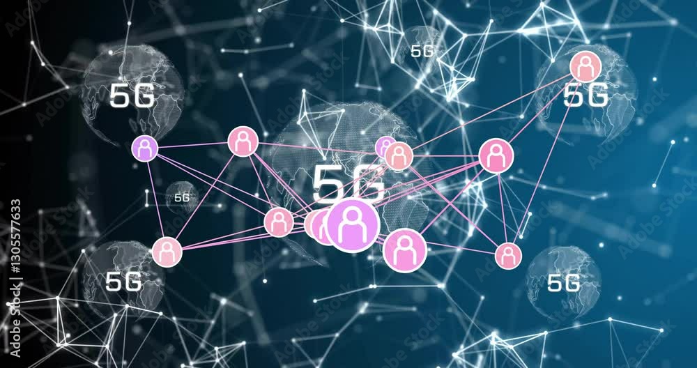 Animation of 5G technology network with digital globe and user icons Animation of 5G technology network with digital globe and user icons