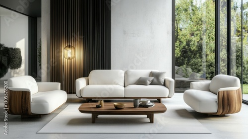 Cubic wooden coffee table between white sofa and armchairs. Scandinavian style home interior design of modern living room.
