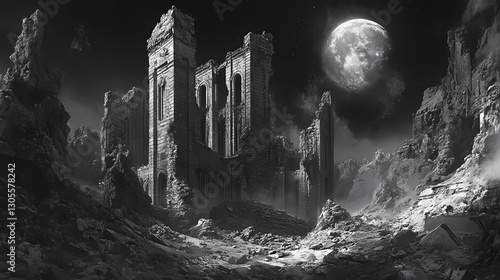 Ruins of truth mainstream media dystopia building. moonstream. illustration. Truth - Stone. Illustration