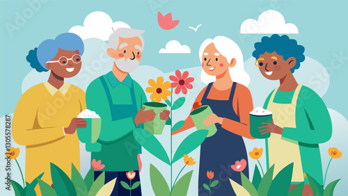 Retirees with dedicated green thumbs share their knowledge and expertise as they lead a group of seniors in designing and creating a beautiful flower bed filled with fragrant herbs. Vector