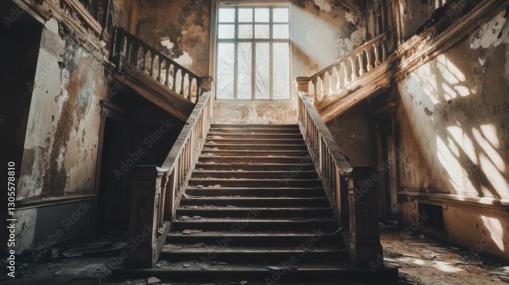 Abandoned staircase inside old ruined building with sunlight coming through broken ceiling. Atmospheric decay, peeling walls, and mysterious lighting create eerie mood of forgotten place Abandoned staircase inside old ruined building with sunlight coming through broken ceiling. Atmospheric decay, peeling walls, and mysterious lighting create eerie mood of forgotten place