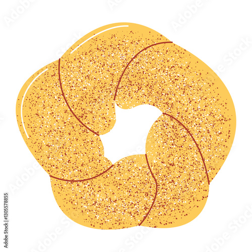 Bagel with sesame, classic turkish pastry for snack, breakfast. Vector illustration, flat hand drawn style with texture. Baked food for sticker, bakery, cafe shop. Isolated background