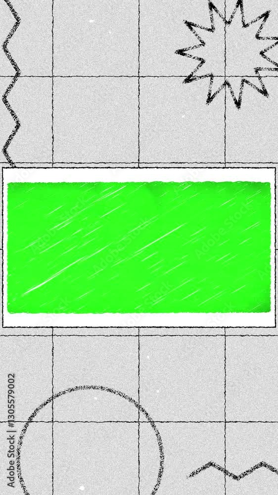 4K green screen hand drawn frame on background with geometric shapes. Scribble and roughened texture background. Looped animation. Vertical video. 9:16 format.	