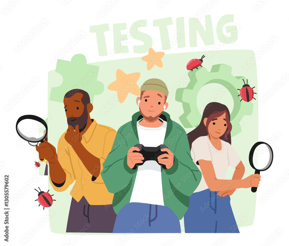 Video game software testing, fixing bugs, mistakes by creative developers team vector illustration Video game software testing, fixing bugs, mistakes by creative developers team vector illustration