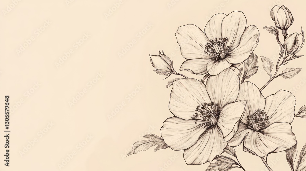 Fototapeta premium Elegant floral sketch of three beautiful flowers and buds