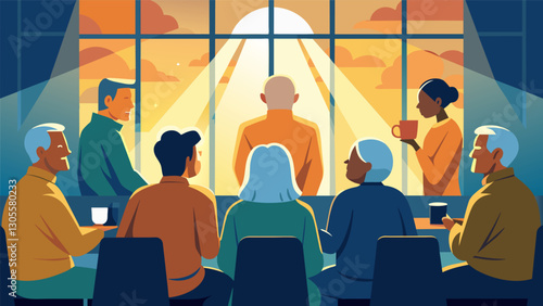 The early morning sun streaming through large windows casting a warm glow on the seniors gathered for their beloved poetry and coffee ritual.. Vector illustration