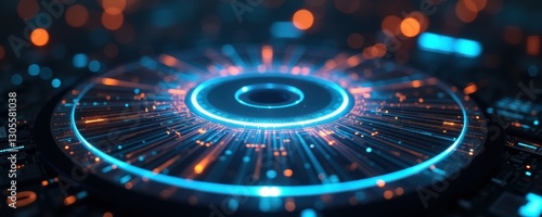 Futuristic digital interface with glowing blue and orange lines radiating from a central circular hub, ideal for technology and innovation themes.
