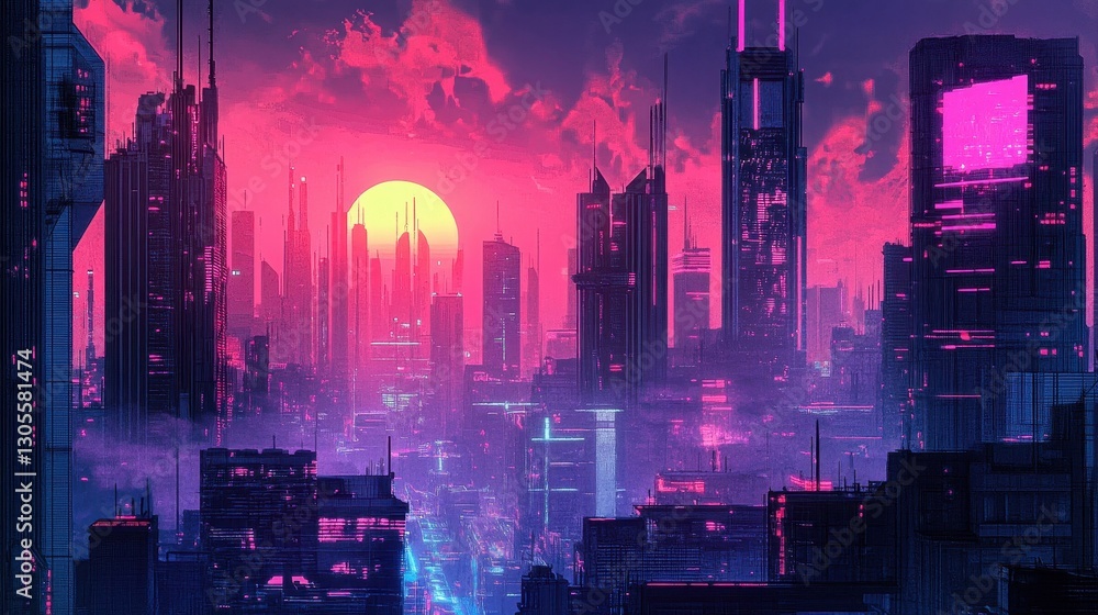 Fototapeta premium Backdrop featuring a cyberpunk city with deep shadows halftone textures and neon glow