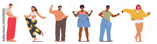 Slimming people characters wearing plus size clothing rejoicing weight loss success standing in row