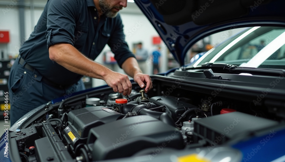 Mechanic working on car engine in garage Mechanic working on car engine in garage