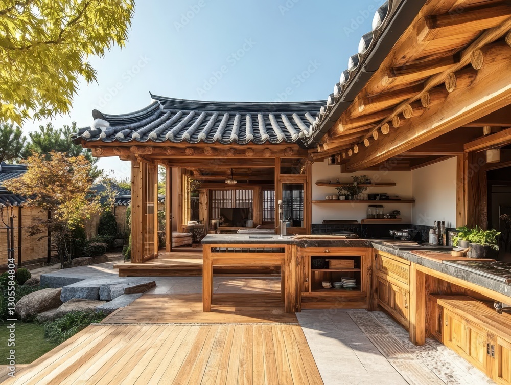 Naklejka premium Traditional wooden home with outdoor kitchen and garden area is shown