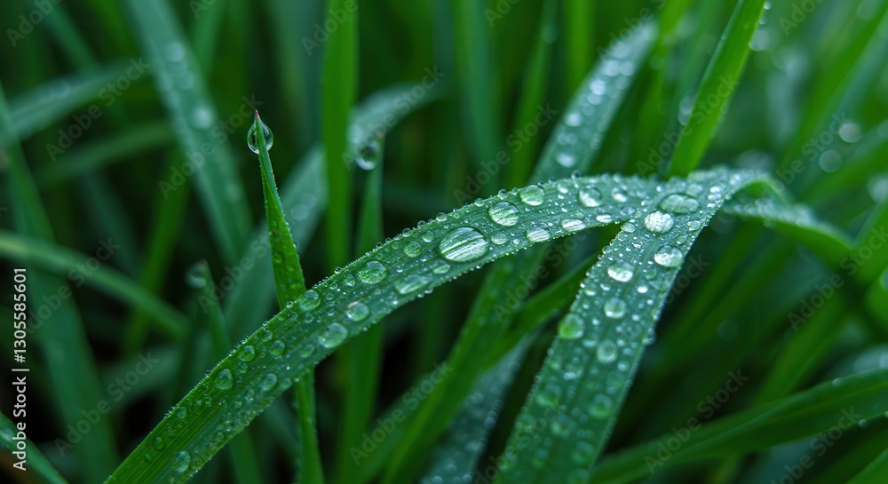Close-up of Green Grass Blades with Water Droplets After the Rain Close-up of Green Grass Blades with Water Droplets After the Rain