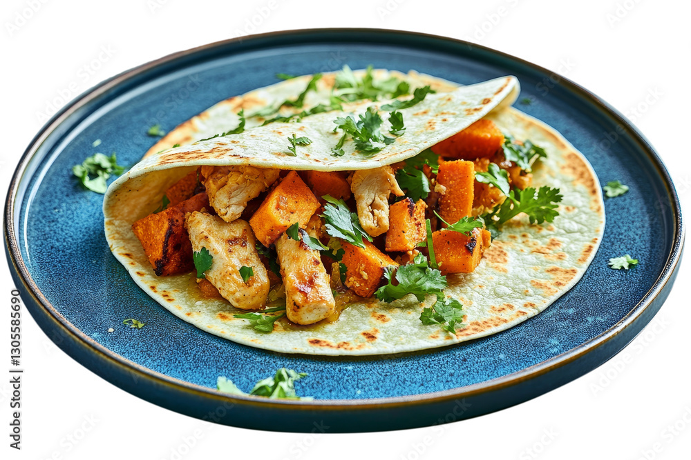 Vibrant tortilla filled with tender chicken and sweet potato on a blue ceramic plate Vibrant tortilla filled with tender chicken and sweet potato on a blue ceramic plate
