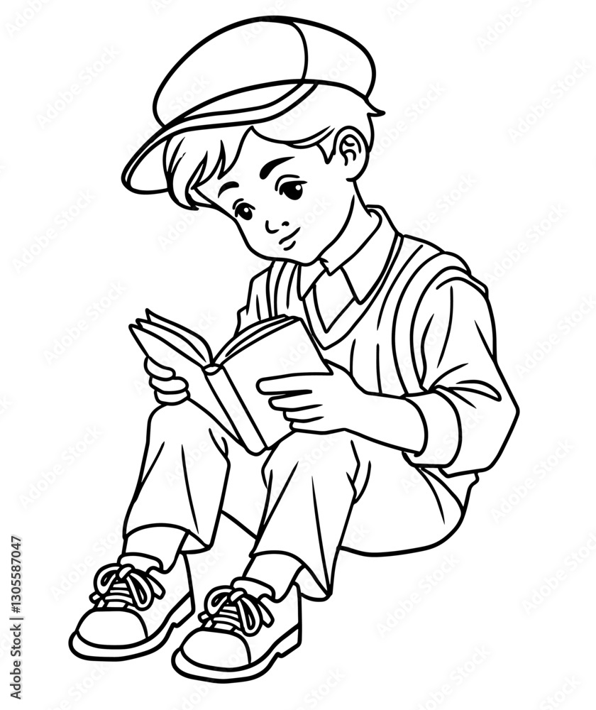 child reading a book line vector illustration isolated on white background child reading a book line vector illustration isolated on white background