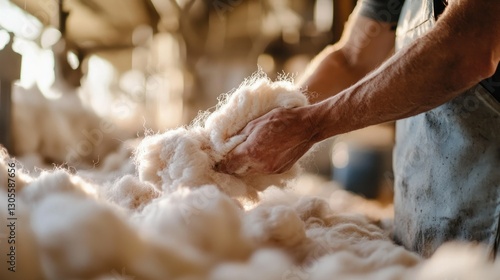 A person holding and examining the wool in their hands