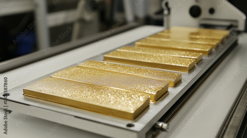 Golden Metal Bars Are Lying On A Metal Surface Golden Metal Bars Are Lying On A Metal Surface