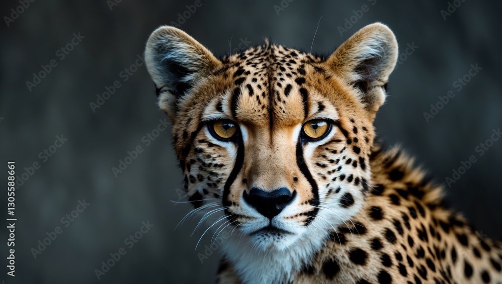 Fototapeta premium Cheetah with beautiful markings staring intensely with dark background.