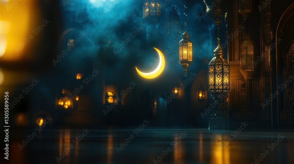 Golden moon and lanterns illuminate a mystical interior space Golden moon and lanterns illuminate a mystical interior space