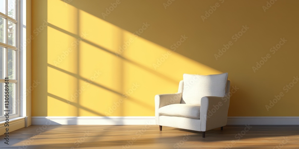 A comfortable chair stands in a sunlit room near a window A comfortable chair stands in a sunlit room near a window