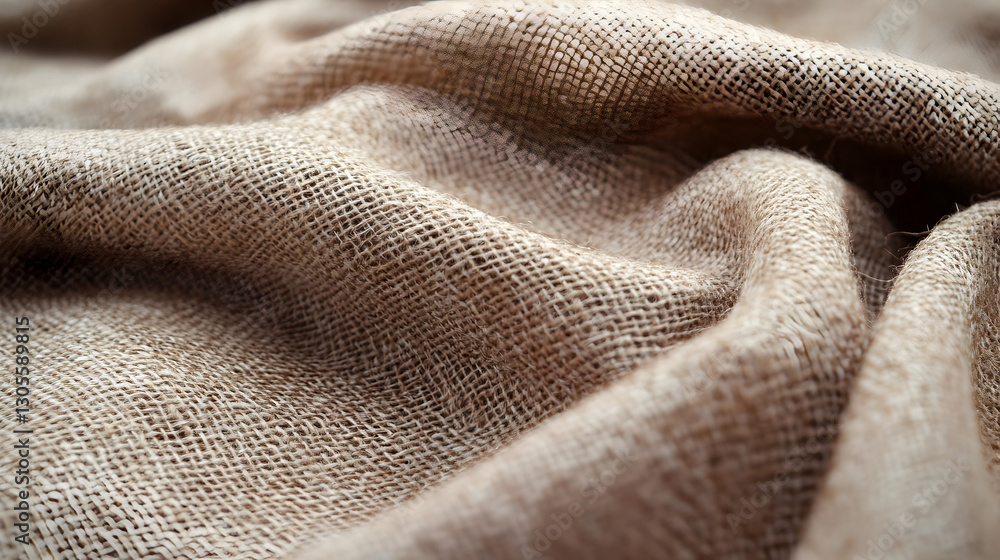 Fabric texture close-up showing the natural weave and earthy tones of burlap material in soft, flowing folds Fabric texture close-up showing the natural weave and earthy tones of burlap material in soft, flowing folds