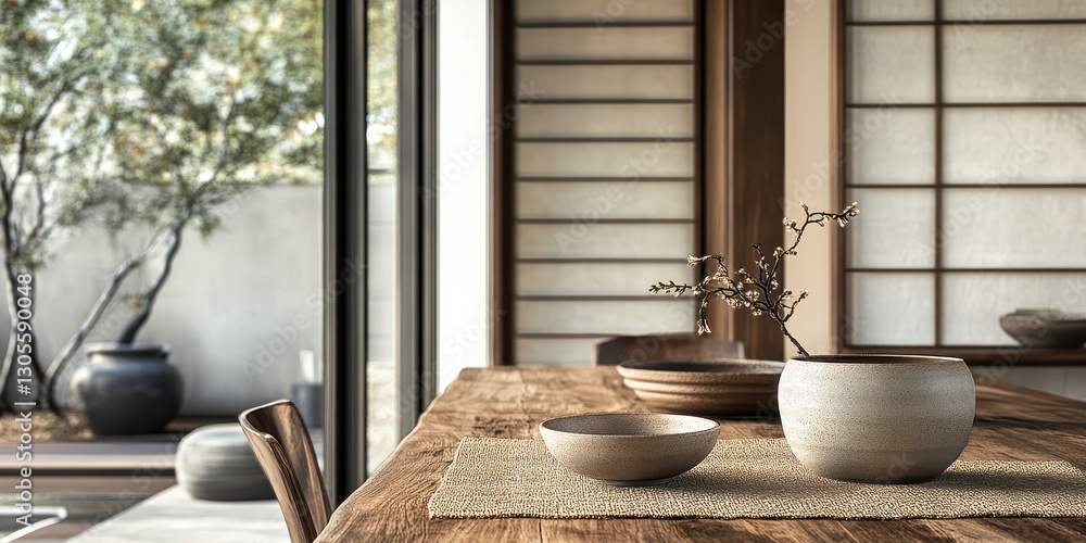 A serene minimalist dining area with simple wooden furniture A serene minimalist dining area with simple wooden furniture