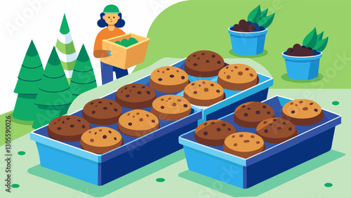 Trays of freshly baked cookies being sold to raise funds for the recycling drive with all proceeds going towards purchasing new recycling bins for the school.. Vector illustration