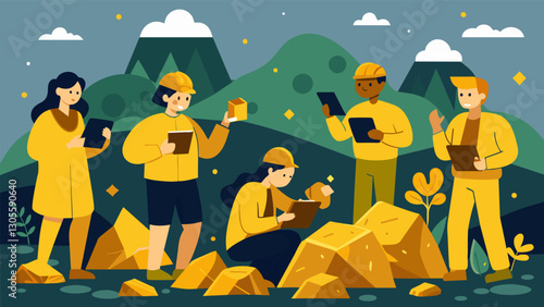 The Golden Geologists Society meets monthly to study and analyze different types of rocks and minerals sharing their findings and hosting field trips to geological sites.. Vector illustration