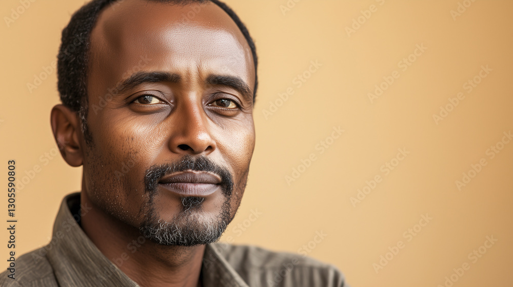 Confident man with a contemplative expression against a warm background Confident man with a contemplative expression against a warm background