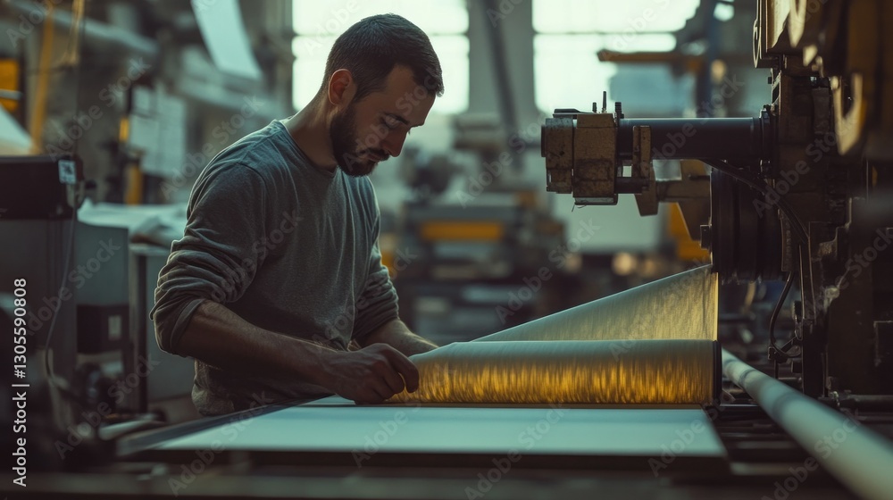 A man carefully works with a material on machinery A man carefully works with a material on machinery