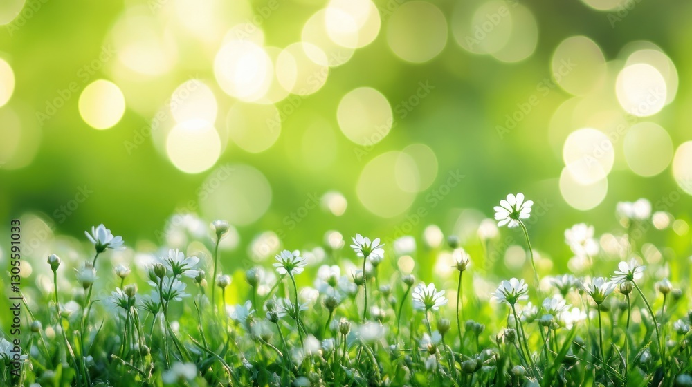 Beautiful white flowers blooming in a field of lush green grass Beautiful white flowers blooming in a field of lush green grass